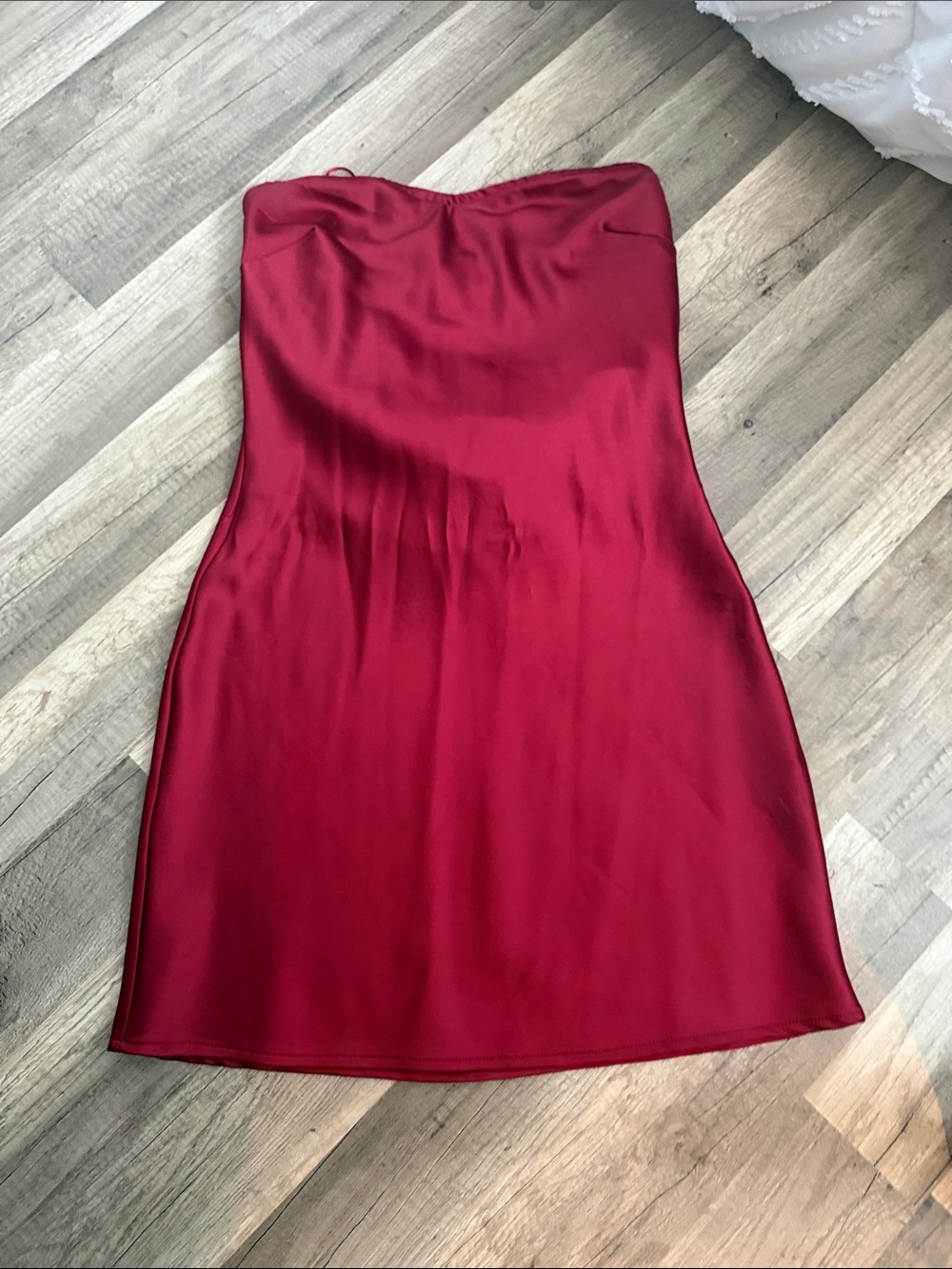 Blue Blush Strapless Satin Mini Dress in Burgundy Red